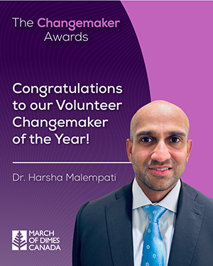 The Changemaker Awards: Congratulations to our Volunteer Changemaker of the Year - Dr. Harsha Malempati! (Headshot of Dr. Harsha Malempati)