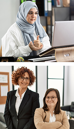 woman communicating by sign language online & two smiling business women