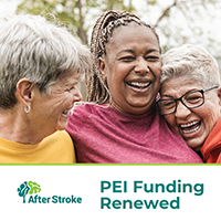 "After Stroke - PEI Funding Renewed" - Three laughing older women hugging each other