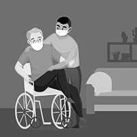 Illustration of a person helping an older man into a wheelchair at home