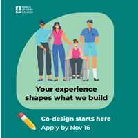 Illustration of a group of people with varying disabilities "Your experience shapes what we build"
