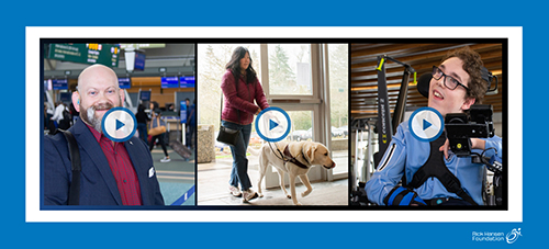 Man with a hearing aid in airport, blind woman with a guide dog walking, man in power wheelchair in a gym, all smiling