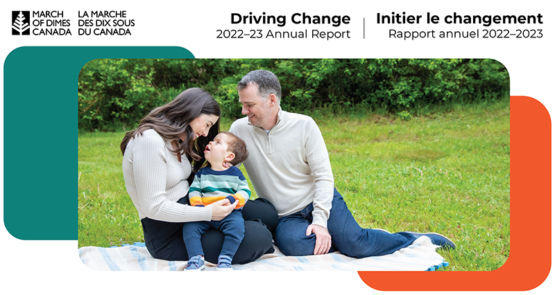Driving Change: 2022-2023 Annual Report (Loving parents, sitting on picnic blanket, smiling down at their child)