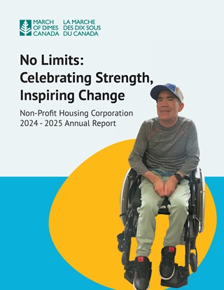 Rapport annuel 2024-2025 de la SHBNL (en anglais) « Sans limites : célébrer la force, inspirer le changement » (Homme souriant portant des vêtements décontractés et une casquette de baseball assis dans un fauteuil roulant manuel)