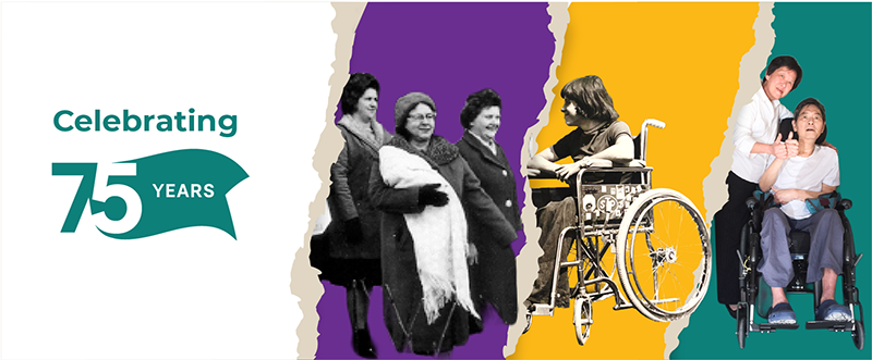 Celebrating 75 Years banner showing images that reflect our history supporting people with disabilities.