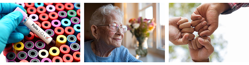 Collage of polio blood sample, elderly woman looking out a window, and three hands fist bumping