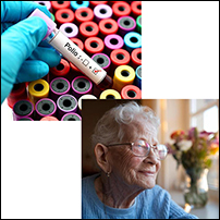 Polio bloodtest & older woman looking out of a window