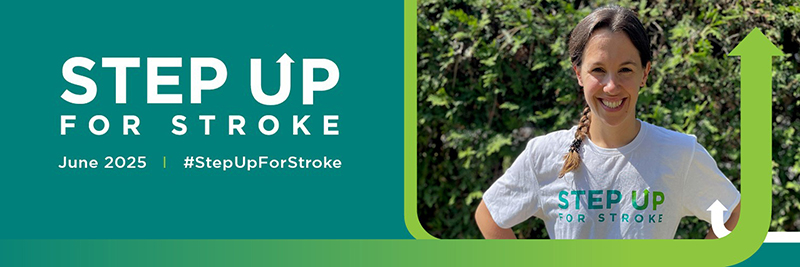 Step Up for Stroke to win a WestJet flight for two - Woman with a big smile standing outside wearing a Step Up for Stroke Tshirt