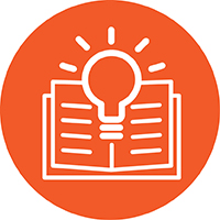 icon of a lightbulb in front of an open book within an orange circle