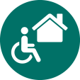 person in wheelchair in front of a house icon
