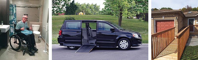 collage of accessible washroom, modified van, and an accessible ramp to a house