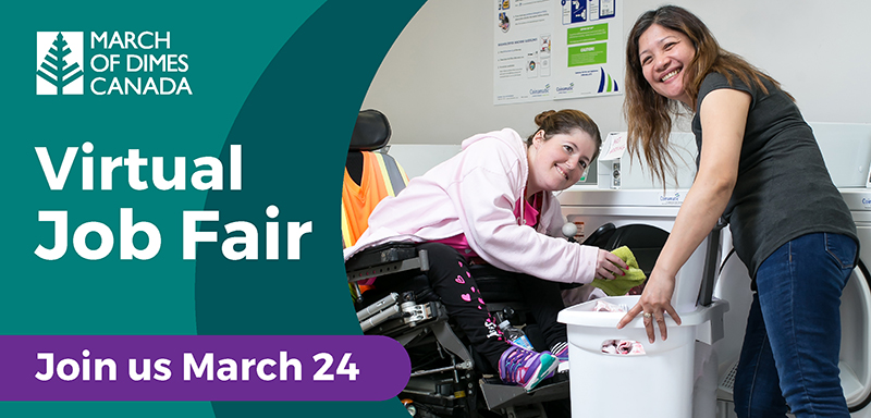 Smiling woman helping smiling woman in wheelchair do laundry
