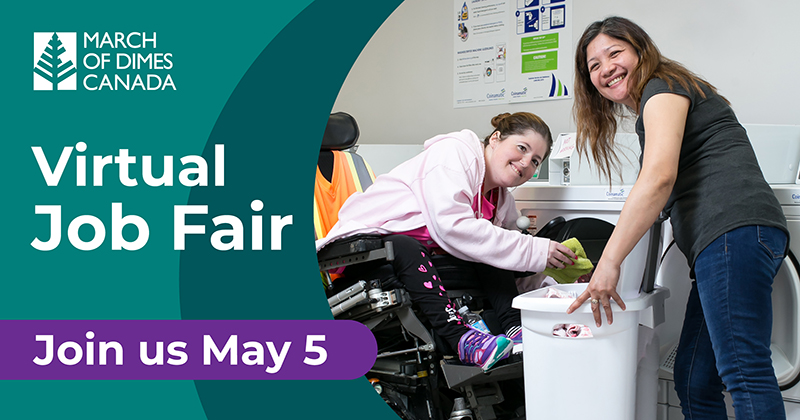Smiling woman helping smiling woman in wheelchair do laundry